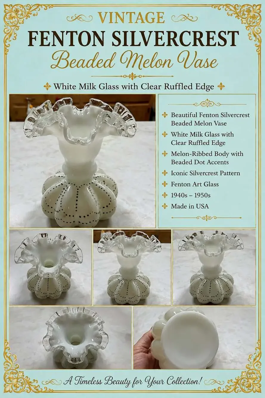 Vintage Fenton Silvercrest Beaded Melon Vase White Milk Glass with Clear Ruffled